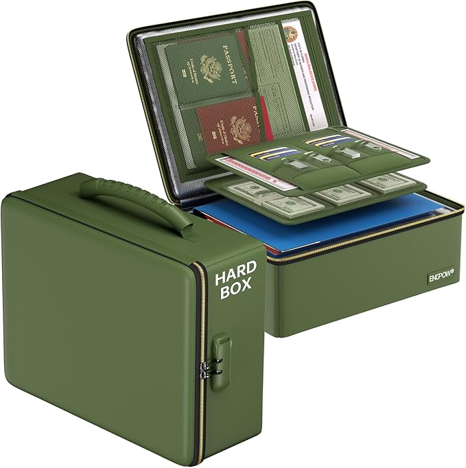 ENGPOW Fireproof Document Box with Lock & Heat-Resistant Fireproof Zipper | 6400°F 12-Layer Fire Protection, Hard File Organizer with Pockets, Portable Home Chest Safe Storage for Money,Jewelry, Green