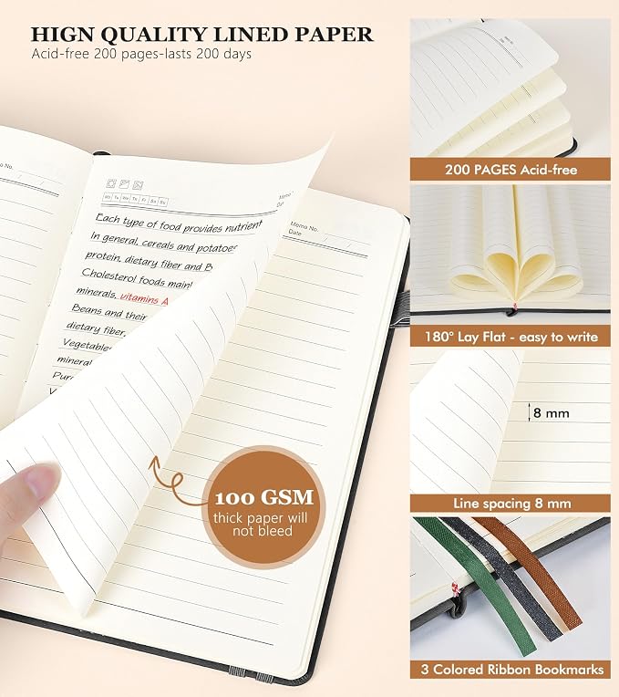PERCUN Lined Journal Notebook 200 Pages Hardcover Leather Journal 5.9"x8.5" | A5 writing journal for women, men, business, travel, school, college ruled pages, daily diary