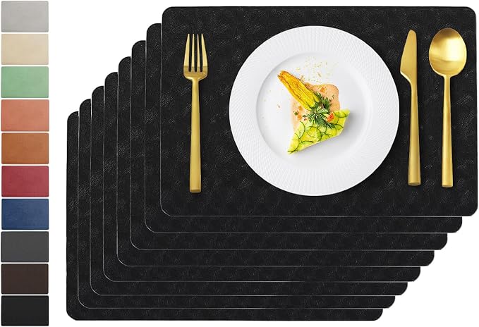 Black Plastic Placemats Set of 8, Faux Leather Waterproof Table Mats | Black placemats,Wipeable and heat resistant table mats.Easy to clean,great for indoor and outdoor