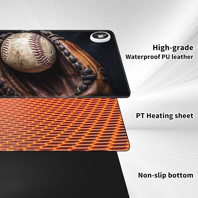 Heated Desk Pad Mouse Pad,Heated Desk Mat,with 3 Heating Levels & 3 Hours Auto Shut-Off,Leather 23.6"*14.2" Gaming Mouse Laptop Mat,Foot Warmer,Retro Baseball