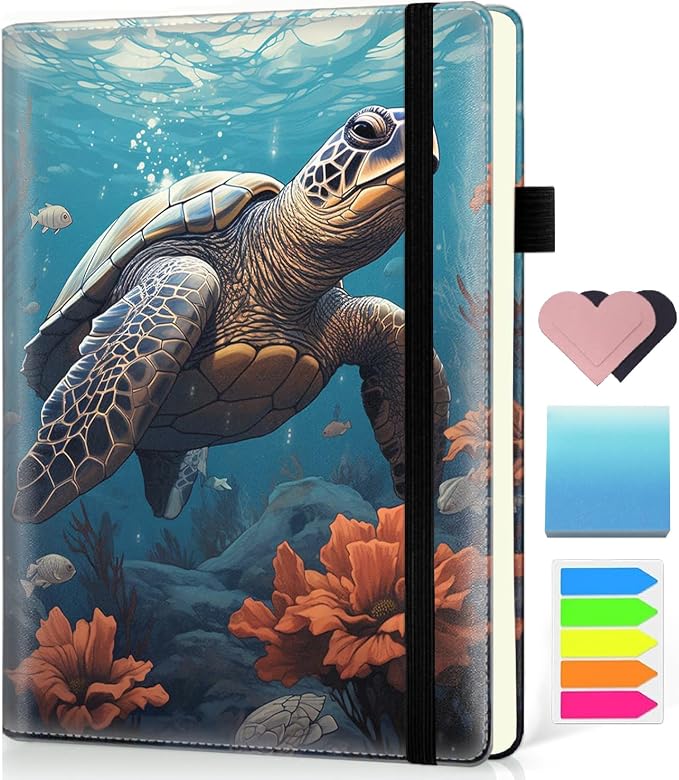 Hardcover Executive Notebooks, A5 PU Leather Lined Journal Notebook, 200 Pages Thick Paper Subject Notebooks for School,Work,Home Writing Business Notebook, Diary Book ， Sea Turtle