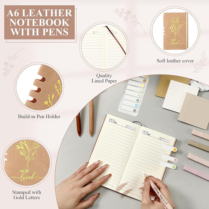 14 Pcs Inspirational Journal Kit for Women Aesthetic A6 Leather Journal Notebook Glass Cup Canvas Tote Bag Motivational Pen Stationery Set for Vbs Sunday School Teacher Back to School(White)
