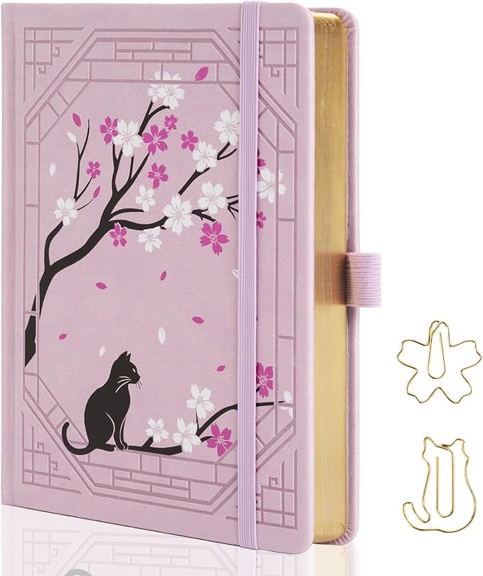 TIEFOSSI A5 Dotted Journal, Cute Cat Journal for Women Girls, Dot Notebook with Pretty Sakura Pattern, Aesthetic Diary for Writing Journaling Drawing, Golden Edges