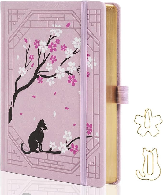 TIEFOSSI A5 Dotted Journal, Cute Cat Journal for Women Girls, Dot Notebook with Pretty Sakura Pattern, Aesthetic Diary for Writing Journaling Drawing, Golden Edges