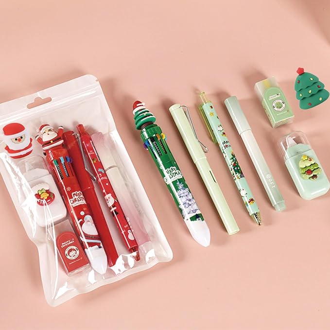 7 Pcs Cute Xmas Stationery Set Kawaii Christmas School Supplies Office Supplies Including Ballpoint Pens Pencil Sharpener Highlighter Correction Tape Eraser (X-mas(Green))
