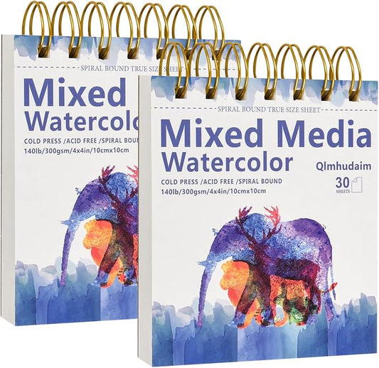 2-Pack Mixed Media Sketchbook 4" x4”| 30 Sheets 140lb/300g,Spiral - Bound with Tear - Line| Artist-Grade for Water Color Paper/Sketch Book |A Compact Watercolor Paper,Sized Exercises or Travel