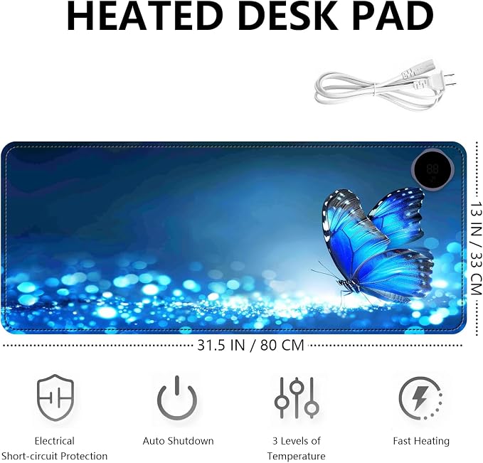 Heated Mouse Pad with 3 Levels Heated & 3 Hours Auto Shut-Off Mouse Pad for Warming Hands in Office Home, 31.5" x 13"Large Safe Desk Mat Hand Warmer，Glittering Butterfly