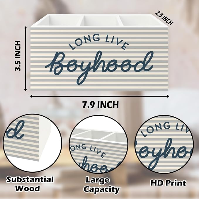 Boys Pen Pencil Holder Organizer for Desk, Long Live Boyhood Grey Striped Wooden Box Signs Decorations for Home Classroom Kids Boy Nursery Room Bedroom Playroom Desk Tabletop, Boys Room Decor