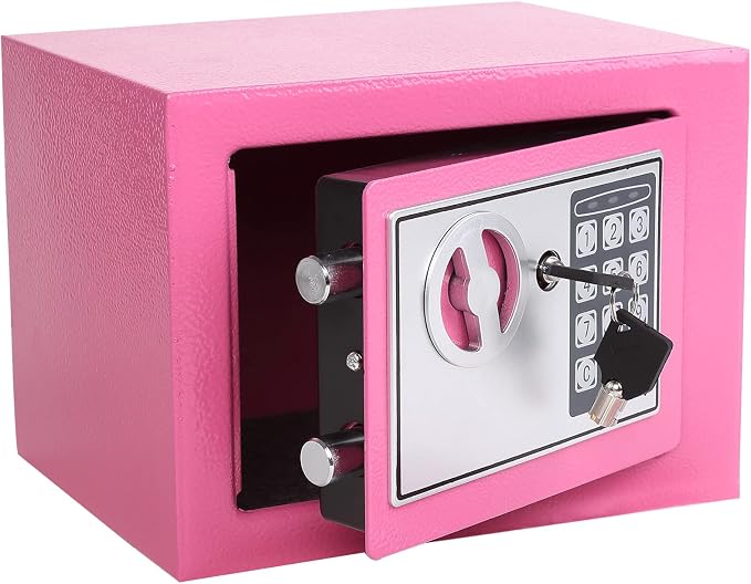 Yuanshikj Small Steel Security Safe Box with Keypad,Key;0.23 Cu Ft, Pink | Electronic Digital Secure,9.1" W x 6.7" D x 6.7" H,Hidden for Home Dorm Apartment Hotel Office Cash Jewelry Storage