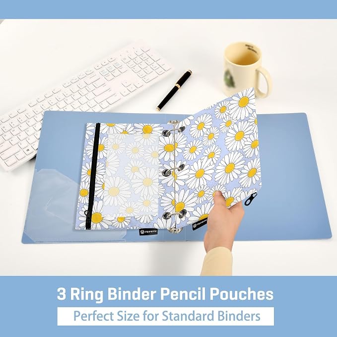 Gredecor Binder Pencil Pouch 3 Ring Pastel Blue Daisy Flowers Zipper Pencil Pouches Case 2 Pack Clear Binder Organizer for School Office