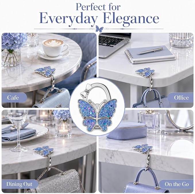 Purse Hook for Table, Foldable Handbag Hanger for Women, Portable Bag Holder with Non-Slip Base, Cute Star Blue Butterfly Purse Table Hook for Restaurant Office Travel Gift