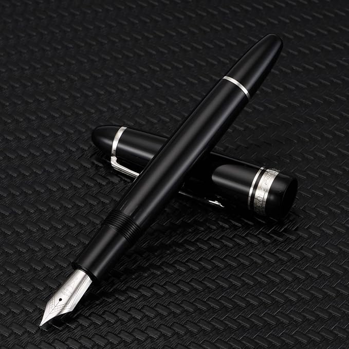 erofa Majohn P136 Piston Fountain Pen 1.1mm Stub Nib with Box, Black Resin Writing Pen Set