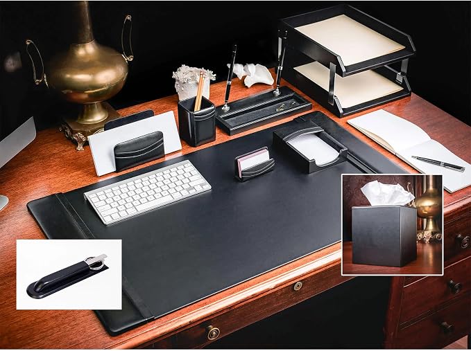 DACASSO Black Leather 11-Piece Desk Set - Luxury Leather Desk Pad & Desk Organization Essentials - Office Organization & Executive Desk Decor - (Silver Accent)