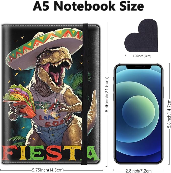 A5 Leather Lined Journal Notebook, 200 Pages Hardcover Executive Notebook for Men Women Office School Note Taking, Thick Writing Paper Daily Journal with Bookmarks/Indexes, Dinosaur