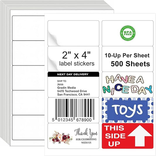 Label Stickers 2x4, 5000 Strong Adhesion Address Mailing Labels, Matte White Printable 8.5 x 11 Lable Sticker Paper for Laser Inkjet Printer, 10 Up Small Shipping Labels Per Sheet (500 Sheets)