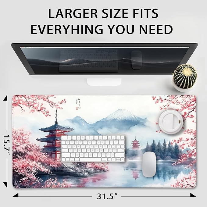 Japanese Cherry Blossom Large Gaming Mouse Pad 31.5"x15.7"｜ Mount Fuji Art XXL Desk Mat, Non-Slip Rubber Base & Stitched Edges - Extended Waterproo Mousepad for PC/Laptop/Office/Home Decor