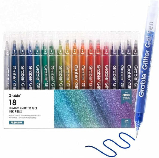 Grabie Jumbo Glitter Gel Pens Set of 18, Metallic Sparkle Gel Ink Pens, Large Capacity Vibrant Glitter Pens for Coloring Books, Drawing, Journaling, Scrapbooking & DIY Crafts, Smooth Writing Art Pens