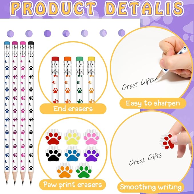 Weecent 48 Pcs Paw Print Pencil Eraser Sets Colorful Wooden Pencils with Paw Eraser for Kids Dog Themed Birthday Party Favors Welcome Back to School Favors Office Supplies