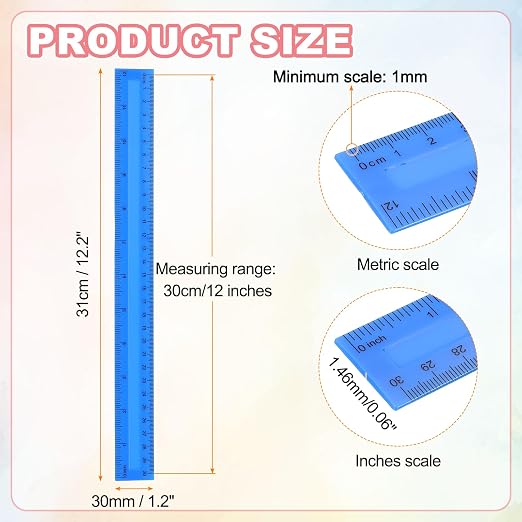 HARFINGTON 5pcs Plastic Rulers 12" (30cm) Clear Straight Ruler Measuring Tool Inches and Centimeters for Home Office Classrooms Drafting, Blue