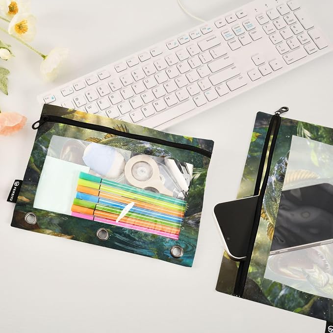 Largemouth Bass Fish Pencil Pouches for 3 Ring Binder, Zipper Binder Pencil Case, 2 Pack Clear Window Case Bag for Office Organizers