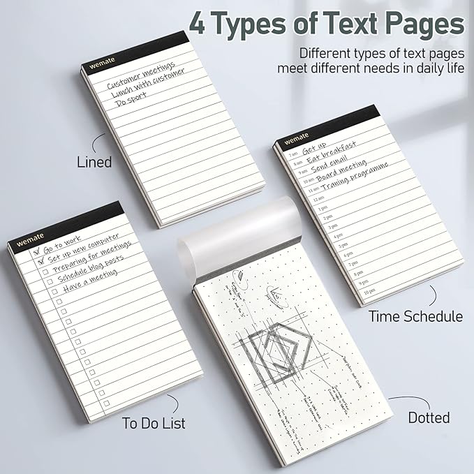 WEMATE 8Pcs Note Pads, Legal Pads 3.5 x 5 Notebook Paper Writing Pads | Time Schedule, Lined Notepad, To Do List, and Dotted Notepad, Paper Pads, for School Office (8 Pack of 30)