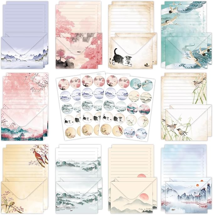 FUNCLASS 160 Pcs Ink Wash Stationery Set Letter and Envelopes | 50 Lined Stationery Paper and 50 Matching Envelopes , 5.5 x 8.25 Inches Letter Writing Stationery for Home, Office, School