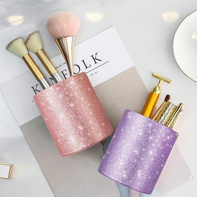 Glitter Pen Holder for Desk Cute, Pencil Cup Organizer, Rose Gold | Makeup Brush Holder, Desk Accessories, Large Pu Leather Multi-Functional Organizer for Office, Classroom, Home