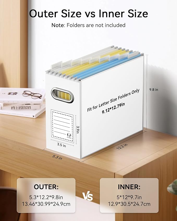 Oterri File Organizer Box, Portable Collapsible Cardboard File Folder Organizer with Handle for Letter Size Hanging Files, Document Storage Box for Home Office & Classroom (4 Packs, White)