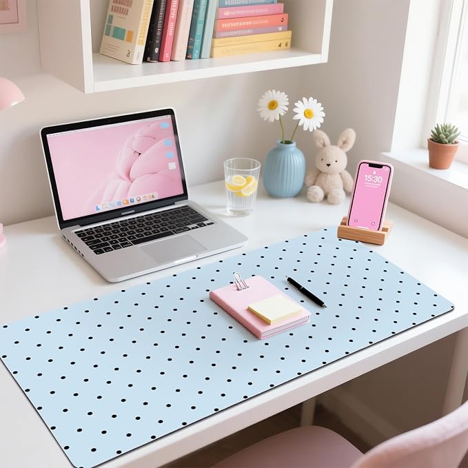 Black Polka Dot Leather Desk Mat Extended Gaming Mouse Pad | Non-slip Large Writing Pad Laptop Blotter Computer Keyboard Mat | Cute Blue Desk Protector for Home Office 31.5" x 15.7"