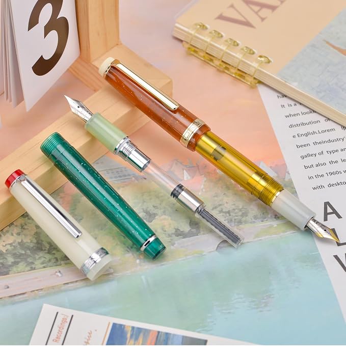 2PCS Jinhao 82 Fountain Pen Extra Fine Nib & Fine Nib with Converter, Mixed Transparent Green Yellow Writing Pen Set