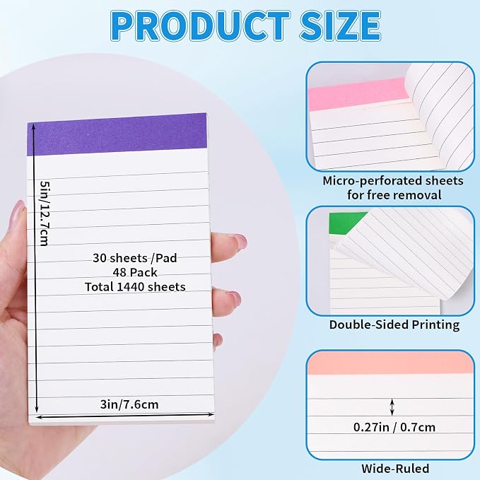 Oleitodh 48 Pack Mini Note Pads 3 x 5 Inch Lined Memo Pads Rainbow Colors | 80 GSM Paper, 30 Sheets Per Pad, Pocket Notes, To-Do Lists, School, Office, Teachers, Shopping Lists, Journaling