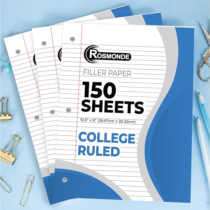 Rosmonde Loose Leaf Paper Bulk, 3600 Sheets, 24 Pack, College Ruled Paper | Bulk Notebook Paper, 8" x 10.5", 150 Sheets/Pack, Bulk Office Filler Paper, 3 Hole Punched, College Ruled Paper For Binder