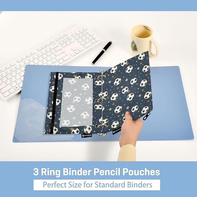 White Soccer Football Star Pencil Pouch for 3 Ring Binder 2 Pack Zipper Binder Pencil Bag Case with Clear Window Office School Supplies