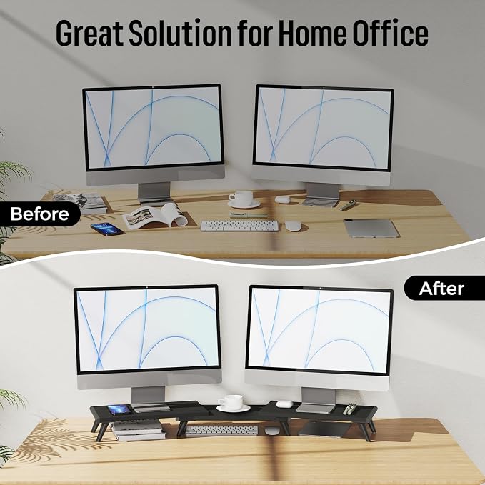 loukin Dual Monitor Stand Riser for Desk, 43.6"×8.2" Computer Stand, Black | Supports 22 lb, No Installation Required, Water-Resistant Surface, Fits Laptops and Printers, Ergonomic Design