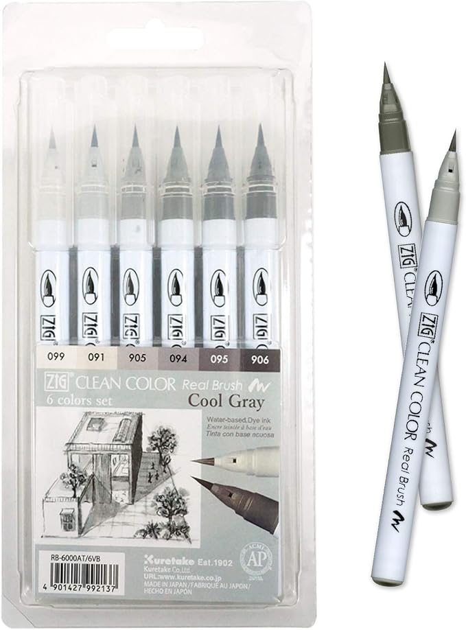 Kuretake ZIG Clean Color Real Brush Marker, Flexible Brush Tips, Watercolor Pens for Painting, Drawing, Calligraphy and Brush Lettering for Artists, Made in Japan (6 Cool Gray Colors set)