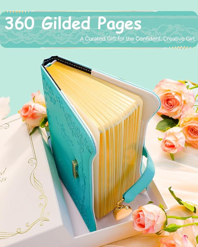 Hoci Poci Diary with Lock and Keys for Girls Gift Ideas, 360 Pages Journal | Elegant Gift Box for Teen Girls, B6 Gold Edged Pages Refillable Notebook with Pen and Bookmark for Writing, Garden Turquoise