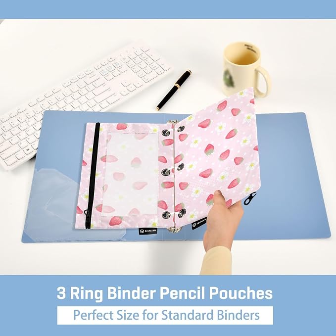 Strawberry Pink Floral Pencil Pouch Fits standard 3-ring binders, Zipper Binder Pencil Bag with Clear Window for Office 2 Pack