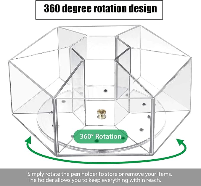 Zonon Acrylic Pen Holder Pencil Organizer 360 Degree Rotating Art Pencil Holder Organizer with 7 Compartments Acrylic Hexagon Pen Cup for Home Office Supplies(Clear)