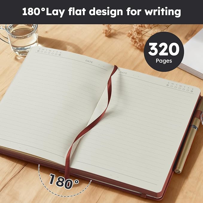 FOCUS DAY Lined Journal Notebook, A5 size (5.7'' X 8.4''), 320 Pages 100GSM Thick Paper, Leather Hardcover, for Women Men, Writing, Note Taking, Personal Diary, Travel Journal