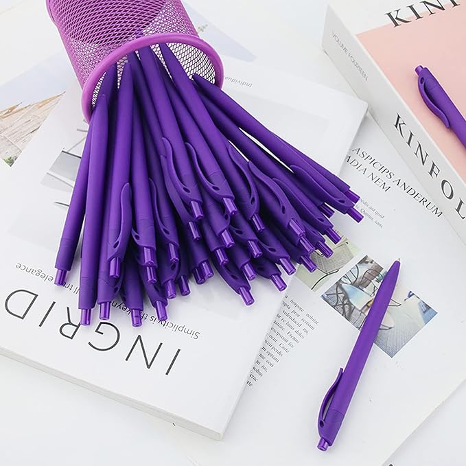 Deegtran Pens Bulk, 100 Pack No Bleed Purple Barrel Click Pens, Wholesale Retractable Ballpoint Pens, Medium Point, Smooth Ink Pens, 1.0MM Black Ink