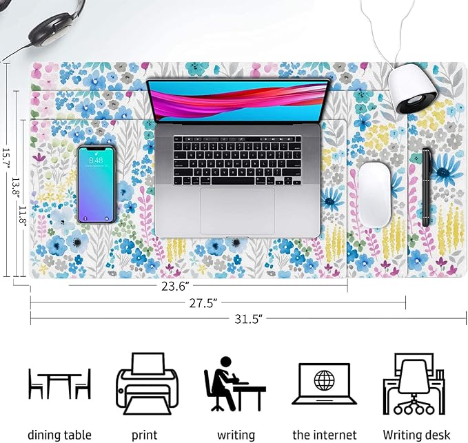 Flower Large Mouse Pad, Floral Desk Matt for Desktop, PU Leather Waterproof Desk Pad, Computer PC Laptop Protector Gaming Mouse Pads for Women Office Decor (23.6" x 11.8")