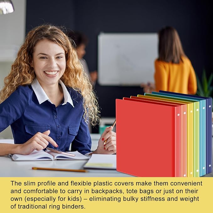 Fulmoon 6 Pack Plastic 3 Ring Binder Assorted Colors Economy Flexible Round Ring Presentation Binders with Pocket for Office School Meeting(1.5 Inch,Rainbow Colors)
