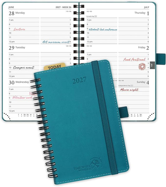 POPRUN 2027 Pocket Planner (Small-4'' x 6.25'') Weekly and Monthly Calendar | 2027 Agenda(Jan - Dec) Appointment Book with Hourly Time Slots, Monthly Tabs, 100GSM, Spiral Leather Cover - Pacific Green