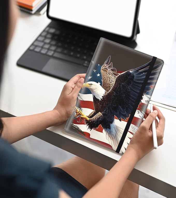 A5 Leather Lined Journal Notebook, 200 Pages Hardcover Executive Notebook for Office School Note Taking, Thick Writing Paper Daily Journal with Bookmarks/Indexes, American Flag Bald Eagle