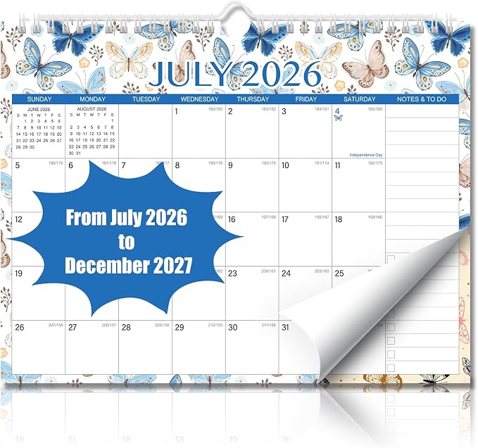 Wall Calendar 2026-2027 – 11 x 8.7 In, 18 Months from July 2026 to December 2027, Monthly Calendar with Holidays, Julian Dates, Grid Design for Scheduling, Home or School Use