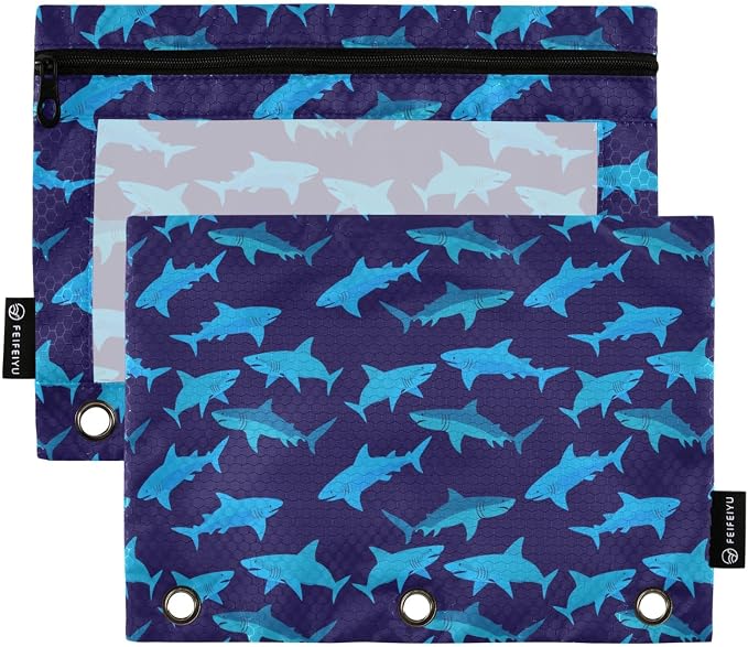 Gredecor 3 Ring Binder Pencil Pouch, Funny Shark-1 Zippered Pen Case Pouches with Clear Window, 2 Pack Stylish Office & School Supplie