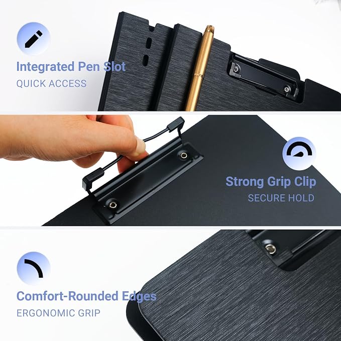 Clipboard Folder, with Dual Metal Clips, Embossed-Texture, Folding 360° Rotating, Nursing Clipboard for Letter and A4, Pen Holder (Black, 5)