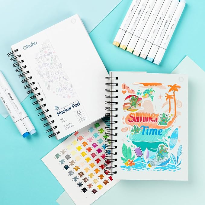 Ohuhu Double-Sided Marker Pads Art Sketchbook Bleedproof - 5.5"x8.5" Small Paper Size - 90 LB/150 GSM Smooth Drawing Paper - 60 Sheets/120 Pages, Spiral Bound Sketching Book for Alcohol Markers Paints