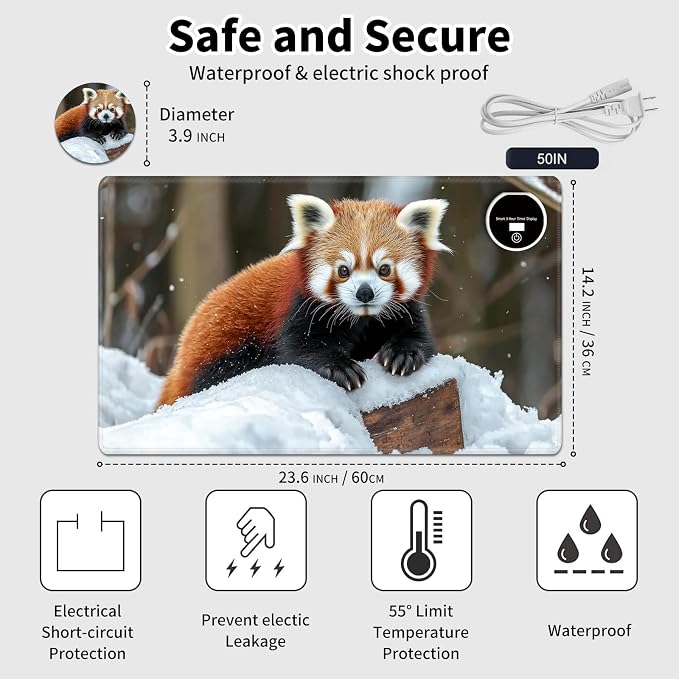 Heated Desk Pad Mouse Pad,Heated Desk Mat,with 3 Heating Levels & 3 Hours Auto Shut-Off,Leather 23.6"*14.2" Gaming Mouse Laptop Mat,Foot Warmer,Cute Raccoon Snow
