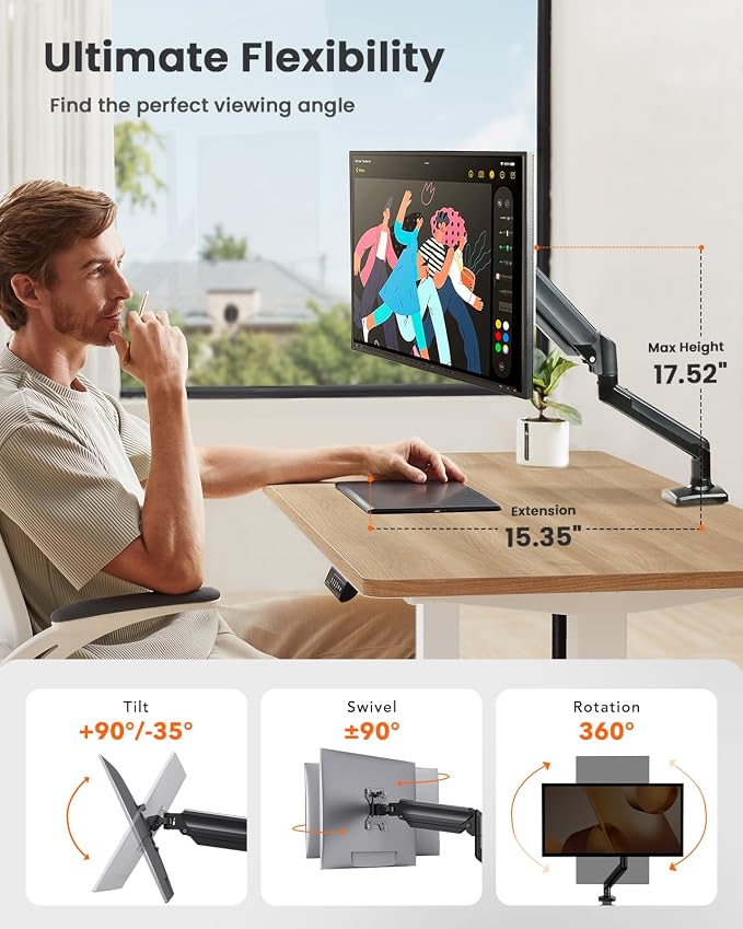 ErGear Single Monitor Arm for 13-36 Inch Screens, 22 lbs Capacity | Full-motion adjustment, C-clamp or grommet mounting, cable clips, 22 lbs support, ultrawide setup, VESA 75x75/100x100mm